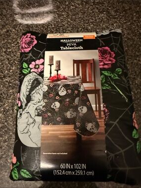 Celebrate It Halloween Tablecloth - Black with Pink Rose & White Skull Motif